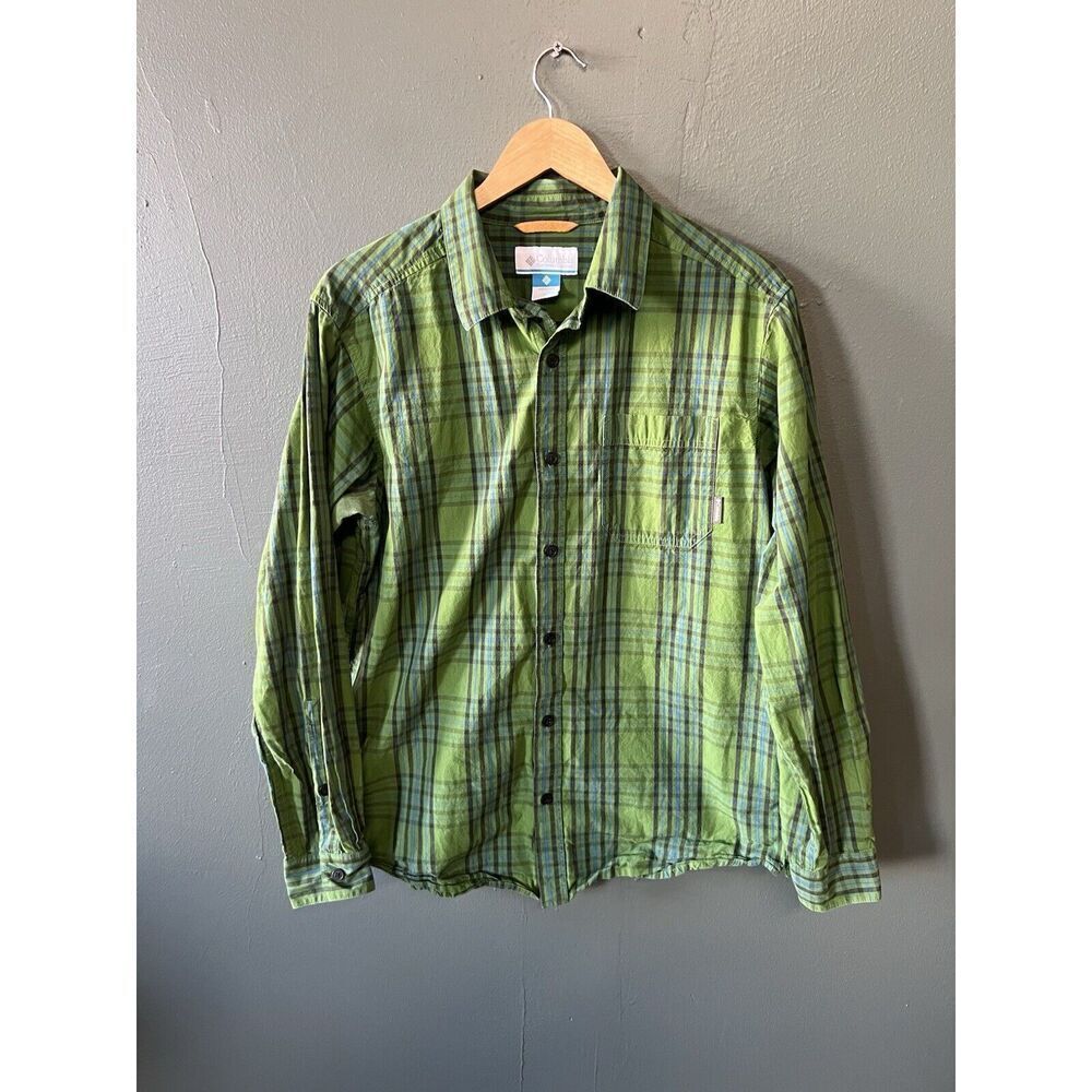 Columbia Mens Green Plaid Long Sleeve Button Up Shirt Size Medium
